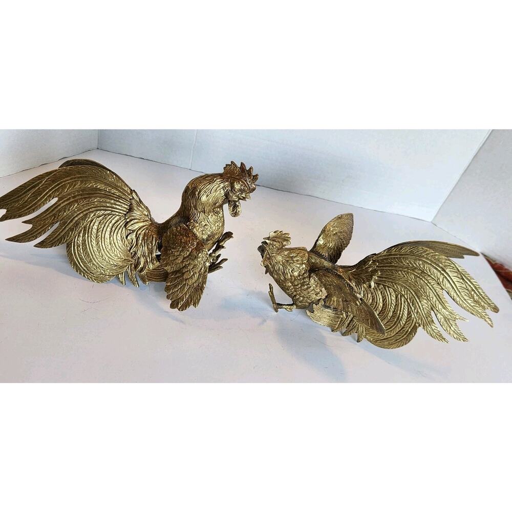 Vintage Pair of Patina'd Brass Fighting Cocks Roosters Mid-Century Spain Figures